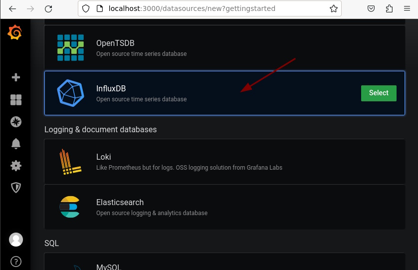 Grafana selecionar InfluxDB